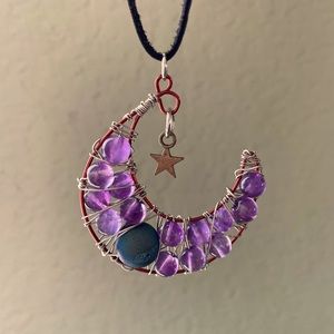 Wire Wrapped Amethyst and Druzy Crescent Moon & Star Handmade Pendant Necklace